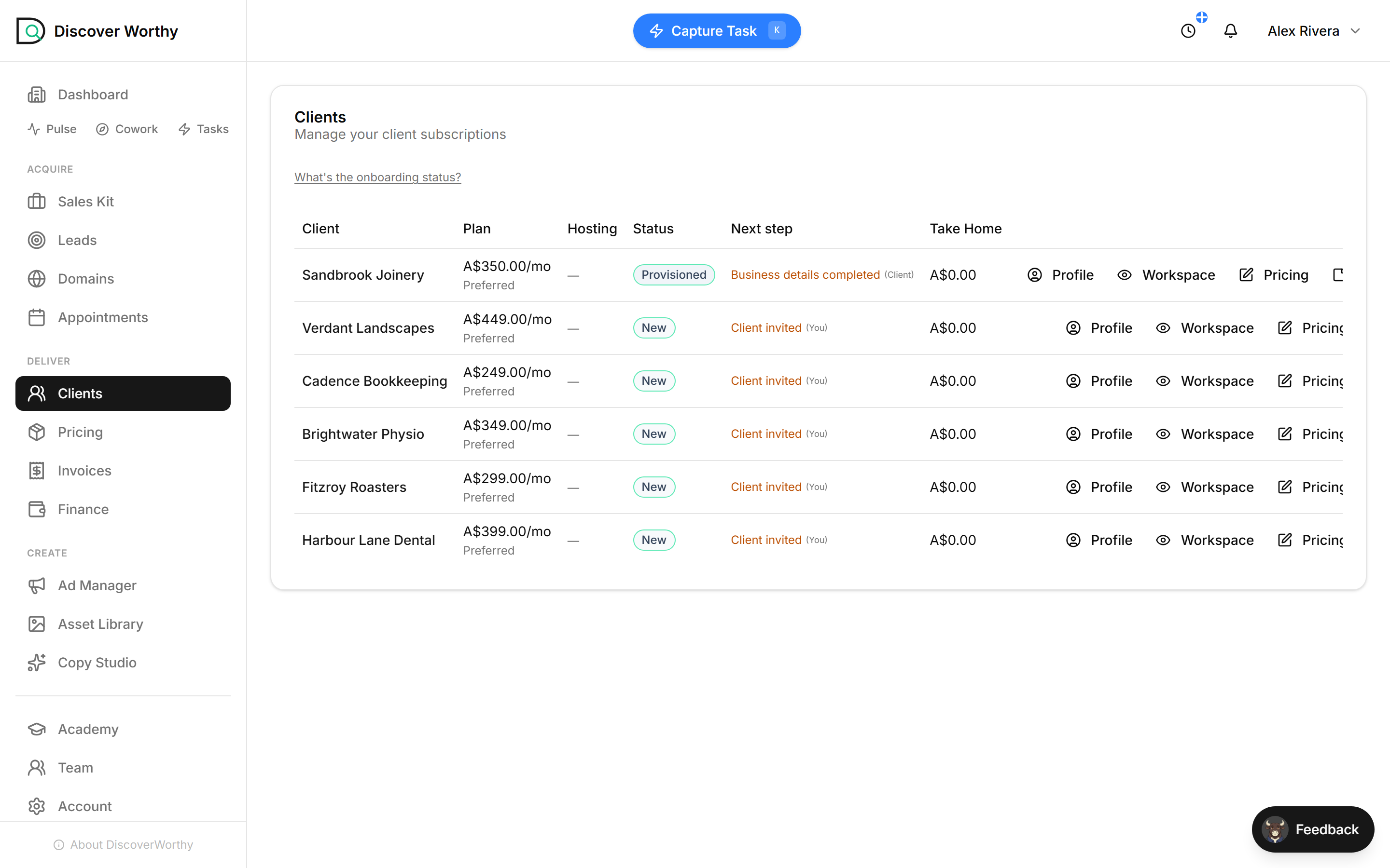 The Clients list with the newly claimed client showing as Provisioned alongside the others.