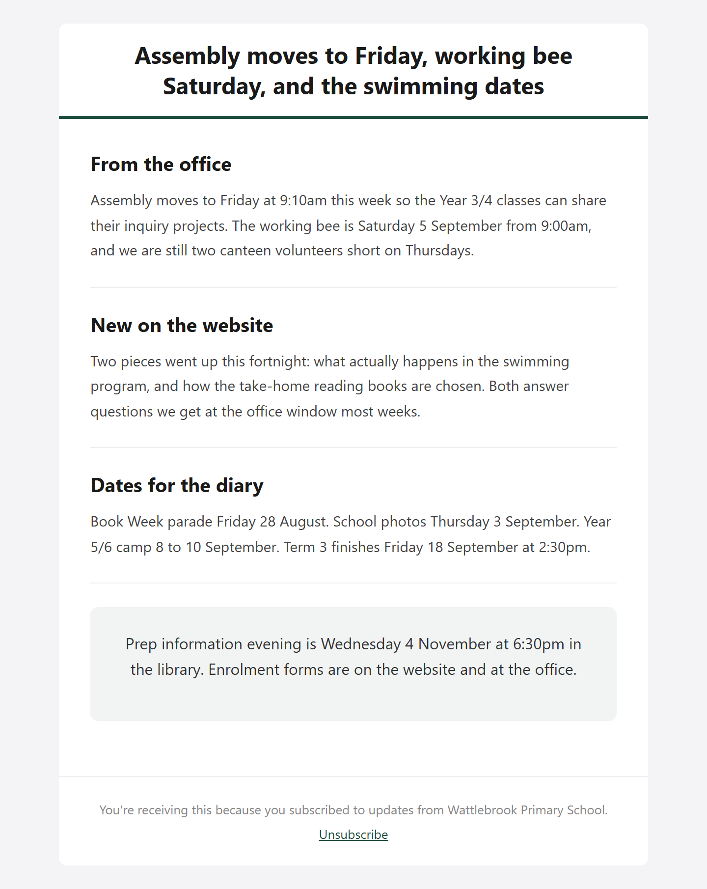 The Wattlebrook Weekly newsletter as a family receives it: From the office, carrying the assembly change and the working bee; New on the website, listing the two articles published this fortnight; and Dates for the diary with Book Week, school photos and the end of term.